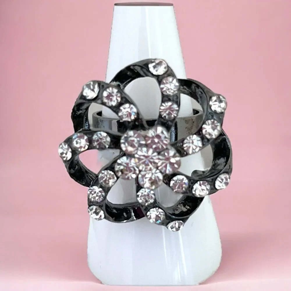 New Statement Ring Clear Crystals Hematite Tone Adjustable - 5W